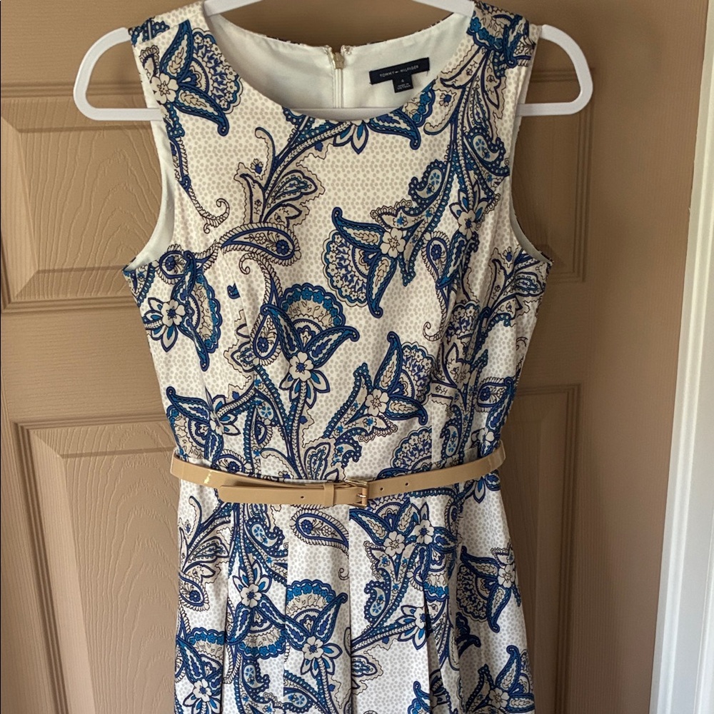 Tommy Hilfiger White Dress with Blue Paisley and Tan Belt